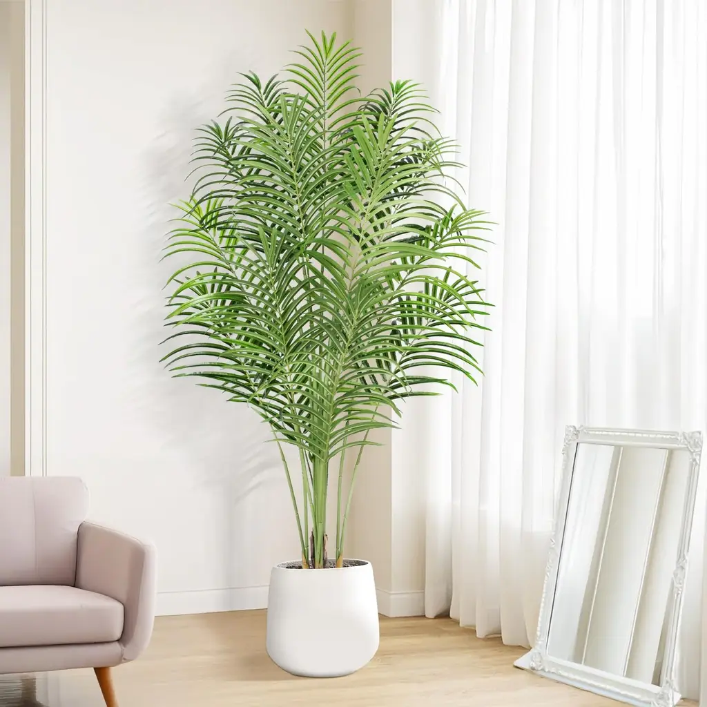 Artificial Palm Tree 5.5ft Tall Fake Palm Tree With Trunks And Real Bark Design Faux Tropical Areca Palm Silk Floor Plant In Pot - Green - 5.5 Foot
