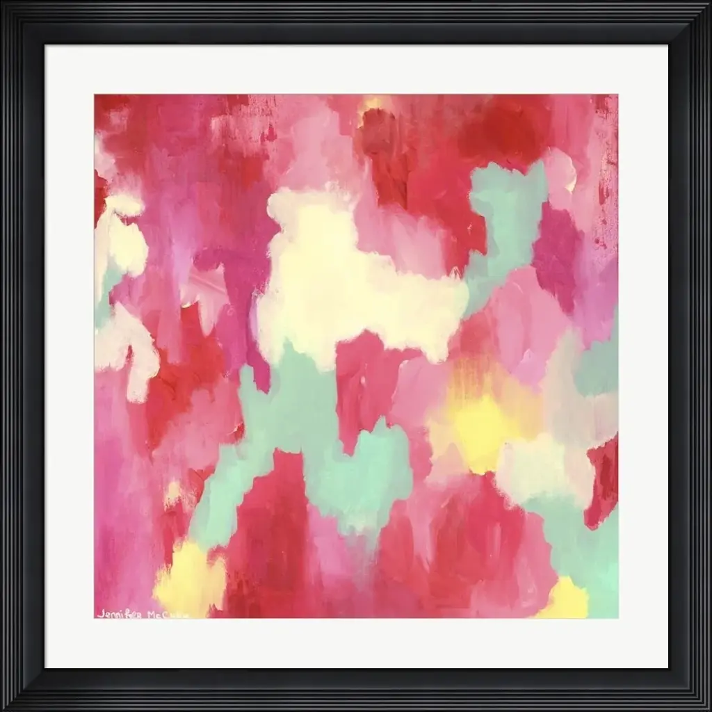 Jennifer Mccully 'Candy Clouds - Abstract' Framed Art - Plastic - Black