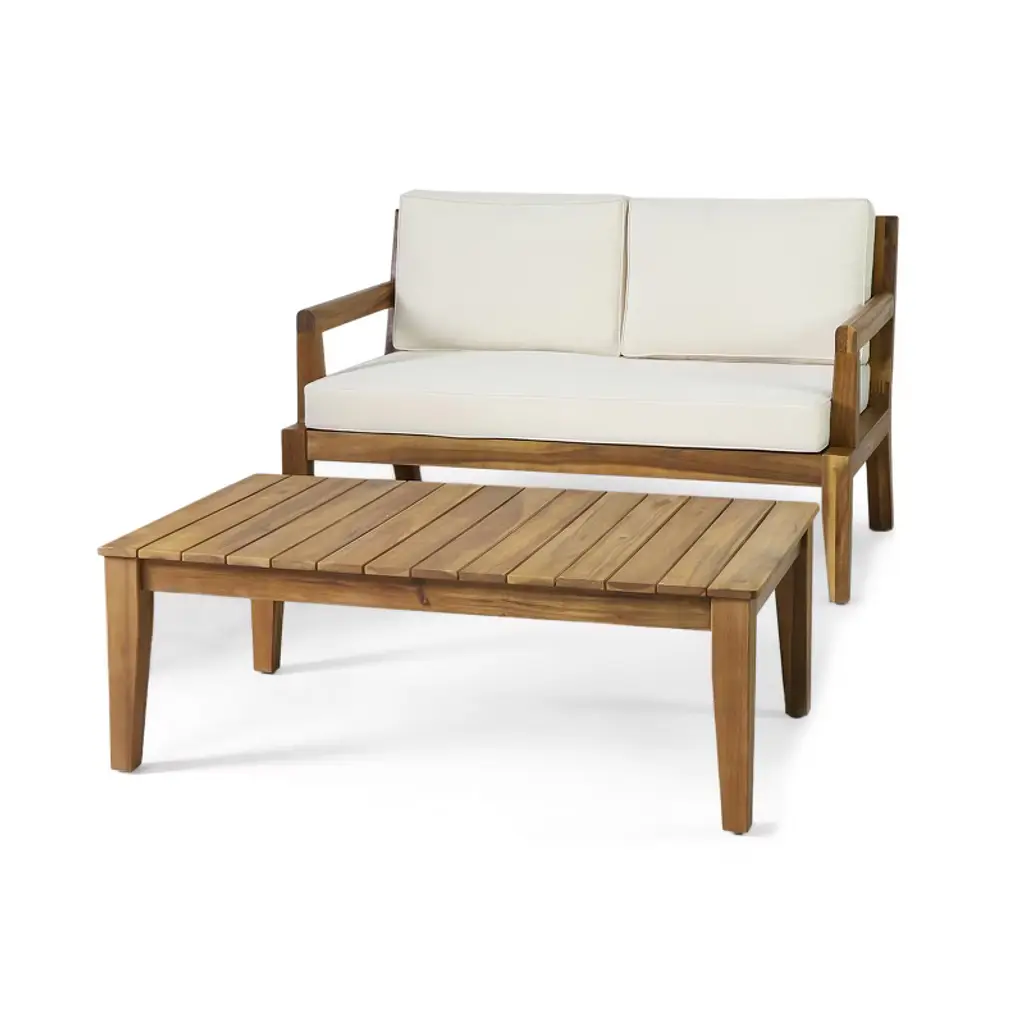 Gdfstudio Camak Outdoor Acacia Wood Loveseat And Coffee Table Set,  Teak\beige