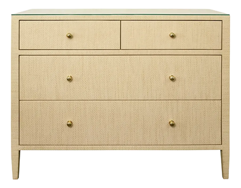 Matthew Izzo Home - Michelle Natural Grasscloth, Glass Top, Four Drawer Chest With Brass Knobs