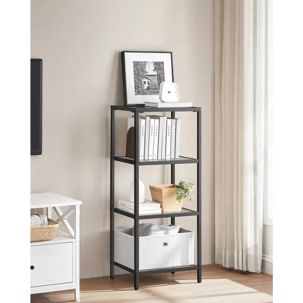 4-tier Slim Bookcase With Tempered Glass & Steel Frame,storage Shelf For Home Office, Bedroom, Ink Black