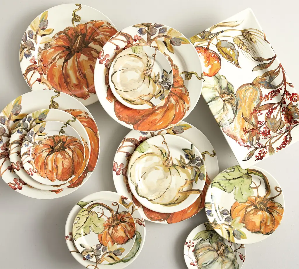 NEW Pottery Barn Botanical Harvest Pumpkin Stoneware 4 Dinner and high quality 4 Salad Plates