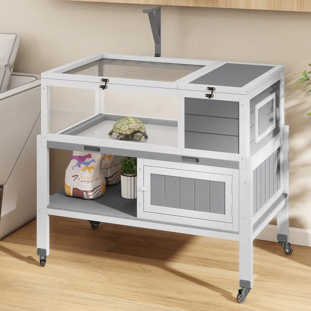 Moasis Large Tortoise Cage With Storage Space & Wheels - White & Grey