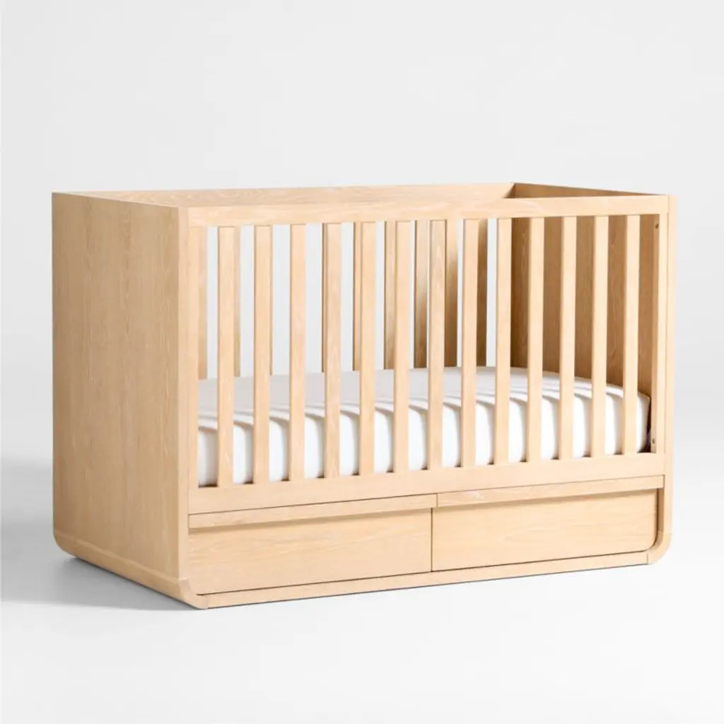 Mira Natural Oak Wood Convertible Baby Crib With Storage And Toddler Bed Rail