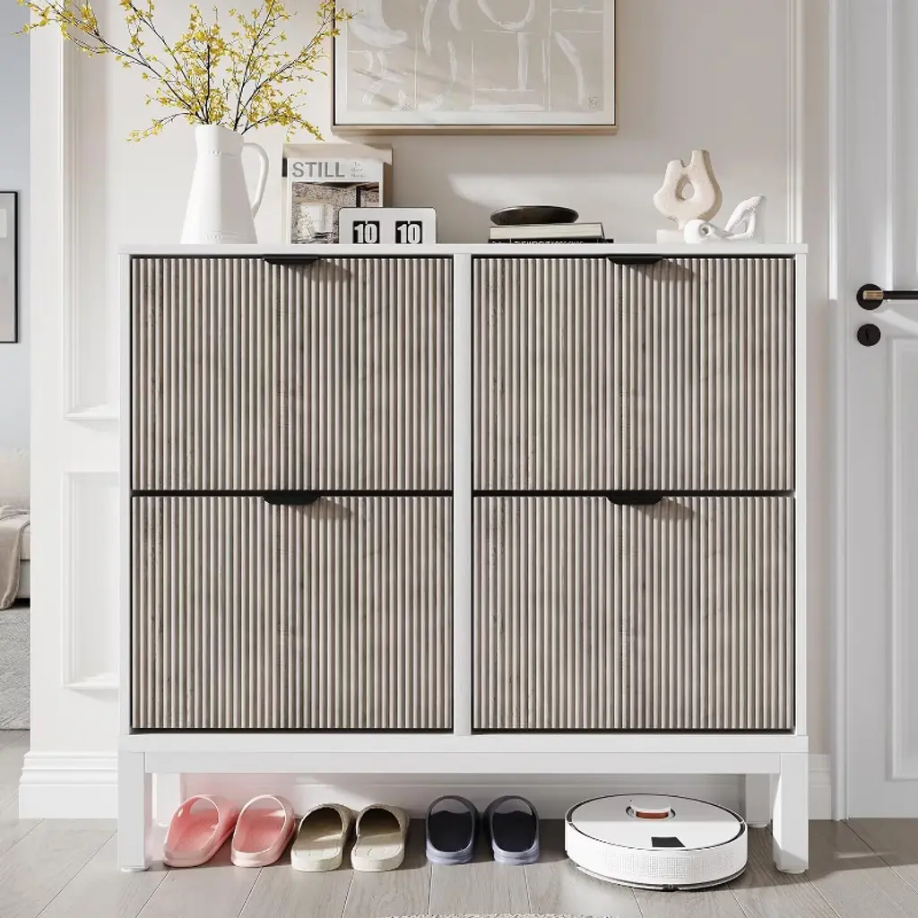 Shoe Cabinet Storage For Entryway, Hidden Shoe Cabinet With 4 Flip Drawers, Freestanding Shoe Organizer With Adjustable Shelves And Metal Legs