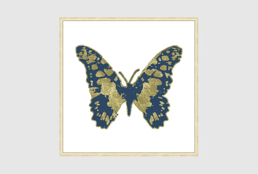 38" X 38" Blue Gold Butterfly | Gold Champagne Frame | Square | Animal Print | Framed Art | Animals | Made In The Usa